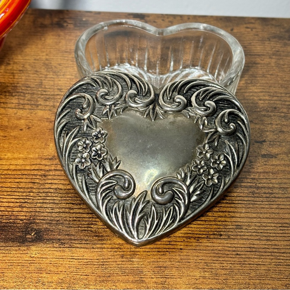 Vintage Glass Heart Shaped Trinket Dish with Metal Lid Love Gift